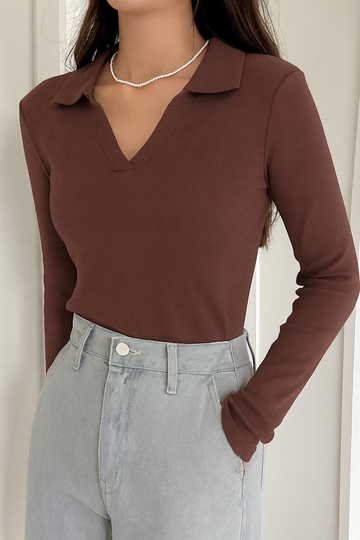 LT1K Brown Essential Full-Sleeves Collared Slim T-Shirt.(Perfect For All Season).