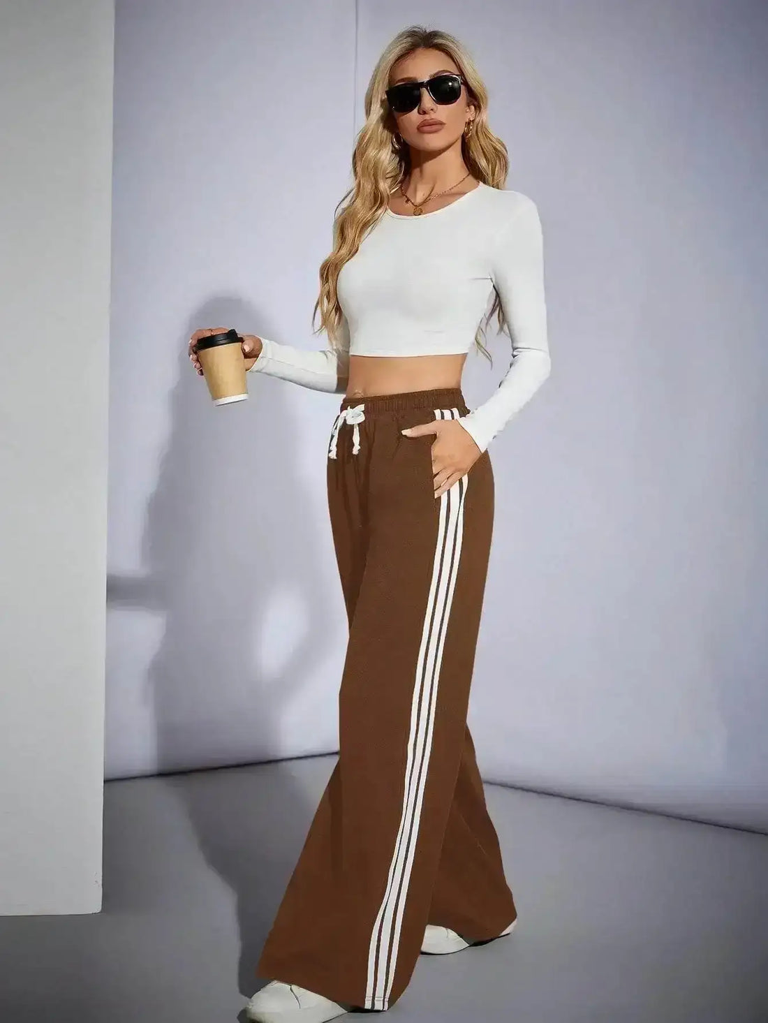 LT1K Brown Side Stripe Wide-Leg Trouser (Made For Summer). - lessthan1thousand