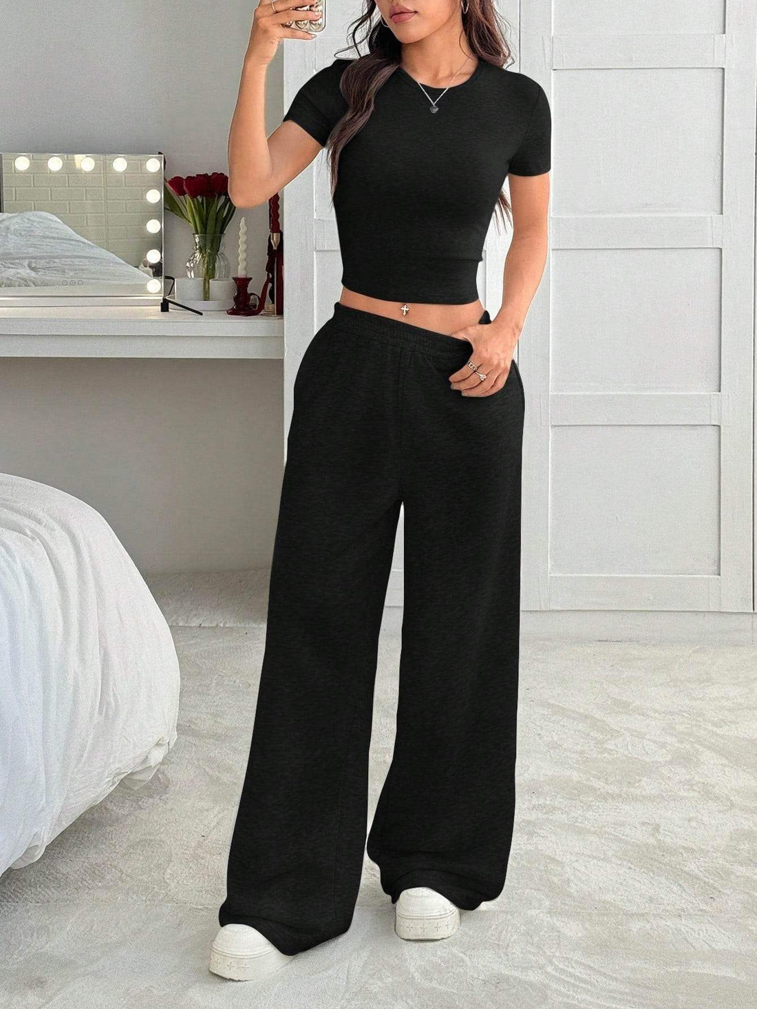 LT1K Black Fix Belt Wide-Leg Trouser (Made For Summer). - lessthan1thousand
