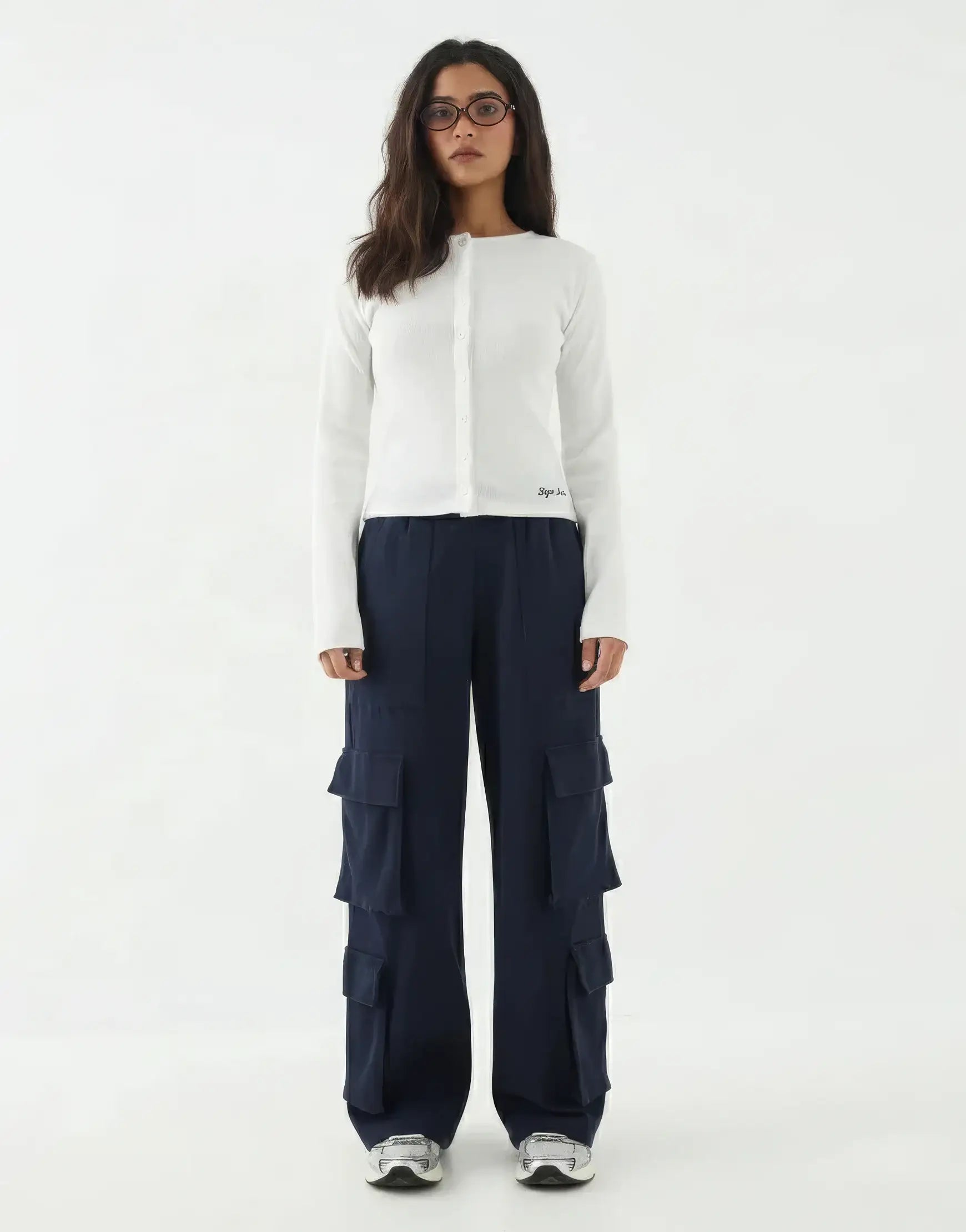 LT1K Navy Blue Multi Pocket Cargo Wide-Leg Trouser.(Perfect For