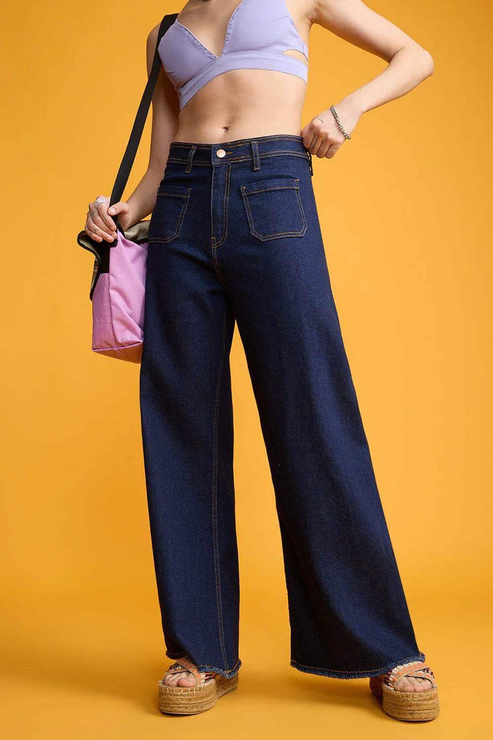 ZARA Dark Blue Utility Pocket Wide-Leg Frayed Hem Jeans. - lessthan1thousand
