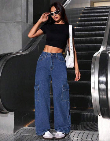 BERSHKA Dark Blue Cargo Wideleg Jeans - lessthan1thousand