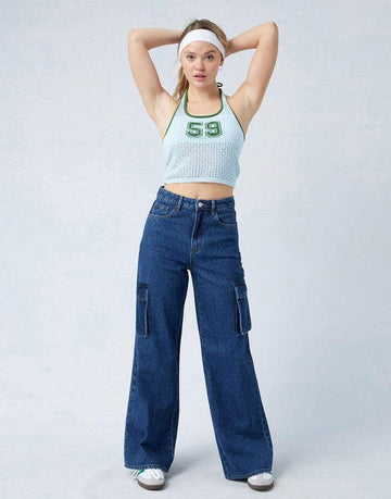 BERSHKA Dark Blue Cargo Wideleg Jeans. - lessthan1thousand