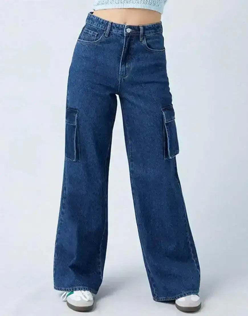 BERSHKA Dark Blue Cargo Wideleg Jeans. - lessthan1thousand