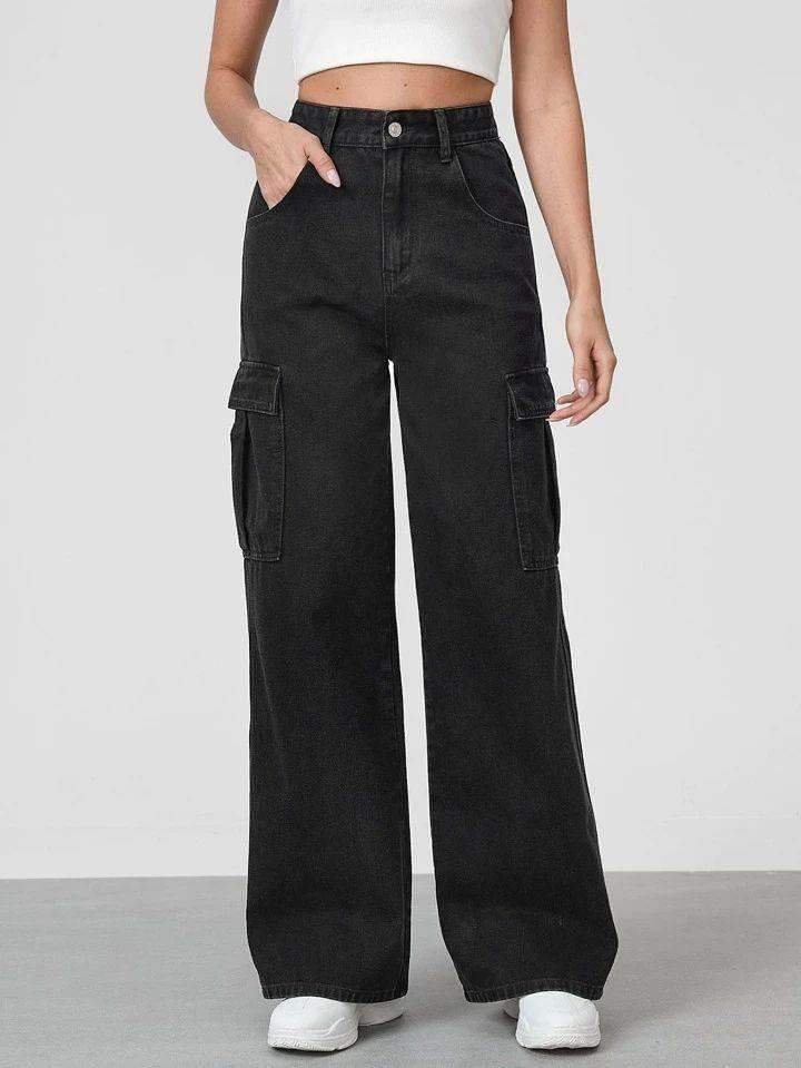 BERSHKA Faded Black Cargo Wideleg Jeans. - lessthan1thousand