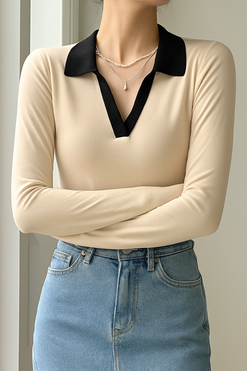 LT1K Beige Essential Full-Sleeves Contrast Collar Slim T-Shirt.(Perfect For All Season).