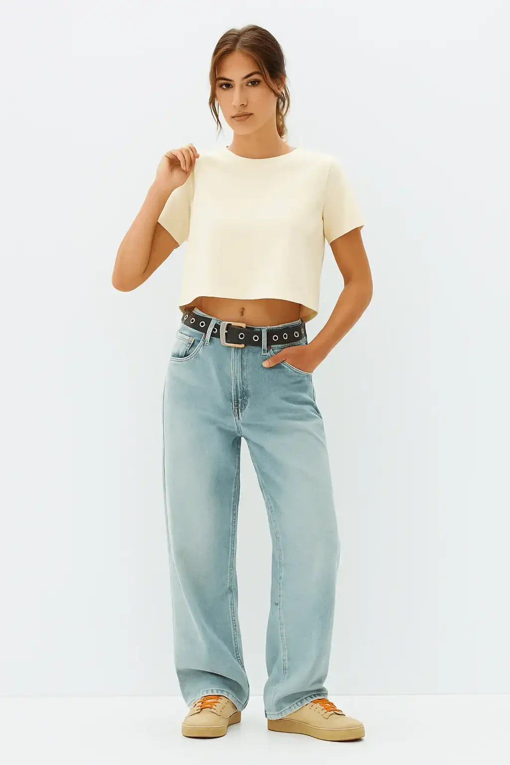 LT1K Crop Loose Sand Essential T-Shirt - lessthan1thousand