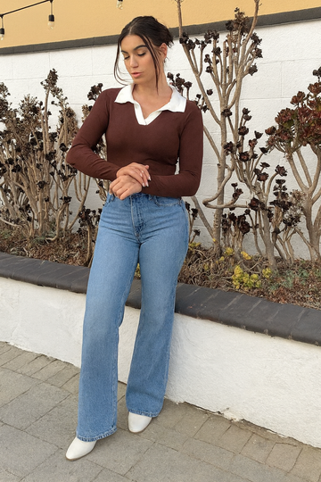 LT1K Brown Essential Full-Sleeves Contrast Collar Slim T-Shirt.(Perfect For All Season).
