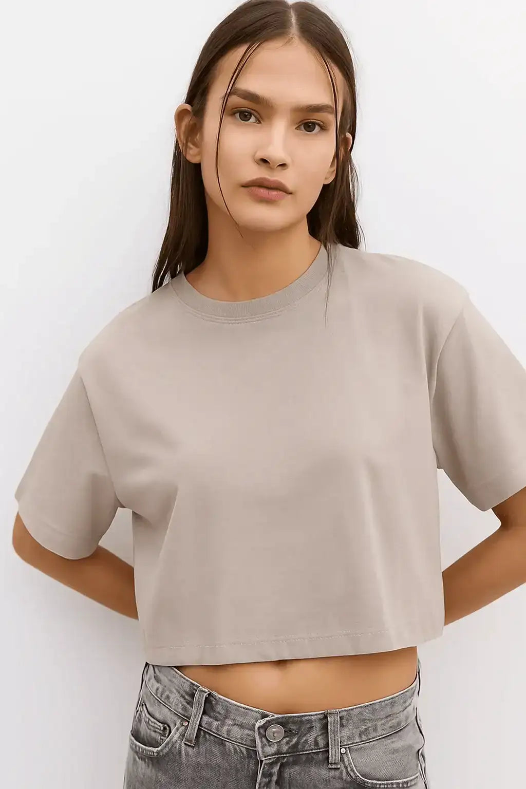 LT1K Crop Light Taupe Loose Pure Black Essential T-Shirt - lessthan1thousand