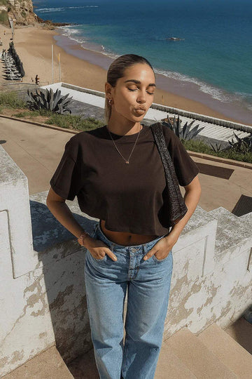 LT1K Crop Coffee Brown Loose Pure Black Essential T-Shirt - lessthan1thousand