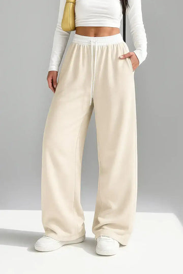 Beige Contrast waist Wide-Leg Trouser.