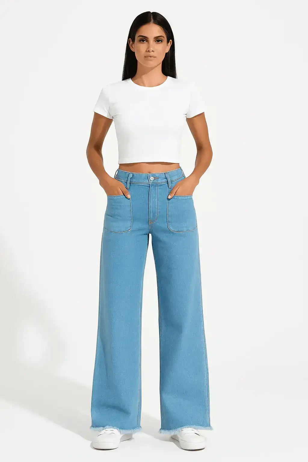 ZARA Light Blue Utility Pocket Wide-Leg Frayed Hem Jeans. - lessthan1thousand