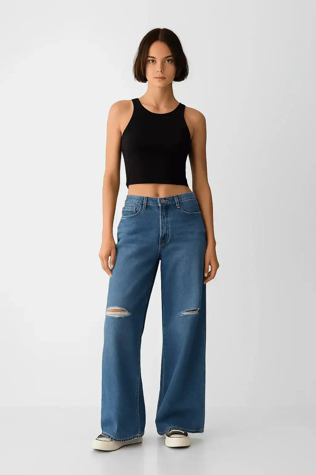 ZARA Dark Blue Knee-Ripped High-Waisted Wide-Leg Jeans. - lessthan1thousand