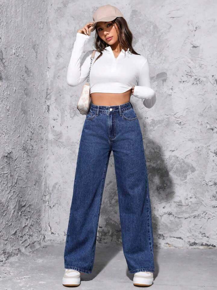Dark Blue High-Waisted Loose Mom Jeans