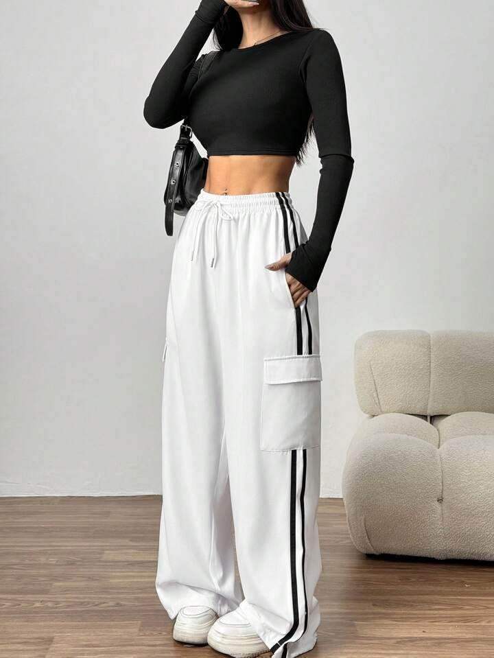 LT1K White Side Stripe Cargo Wide-Leg Trouser (Made For Summer). - lessthan1thousand