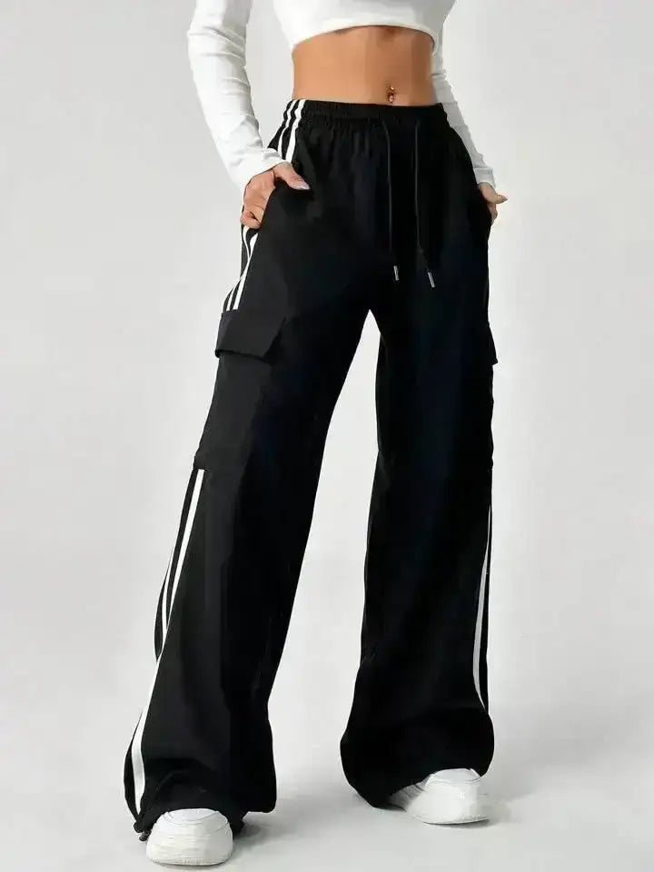 LT1K Pure Black Stripe Cargo Wide-Leg Trouser (Made For Summer). - lessthan1thousand