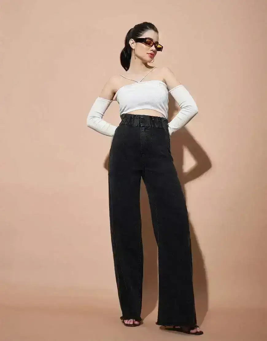 LT1K Black Elastic Waist Wide-Leg Jeans (Stitched Hem). - lessthan1thousand