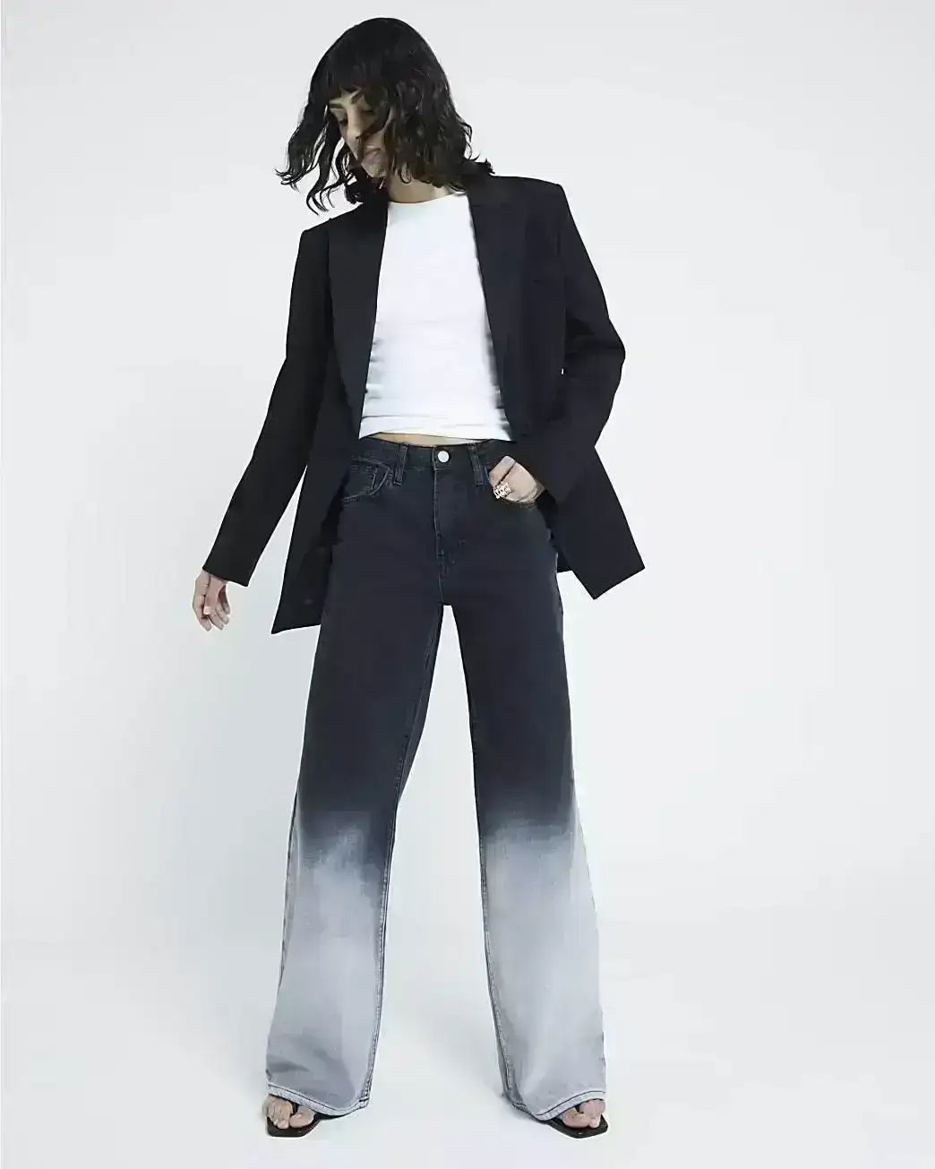 LT1K Black Two-Tone Wide-Leg Jeans (Stitched Hem). (Minor Fault) - lessthan1thousand