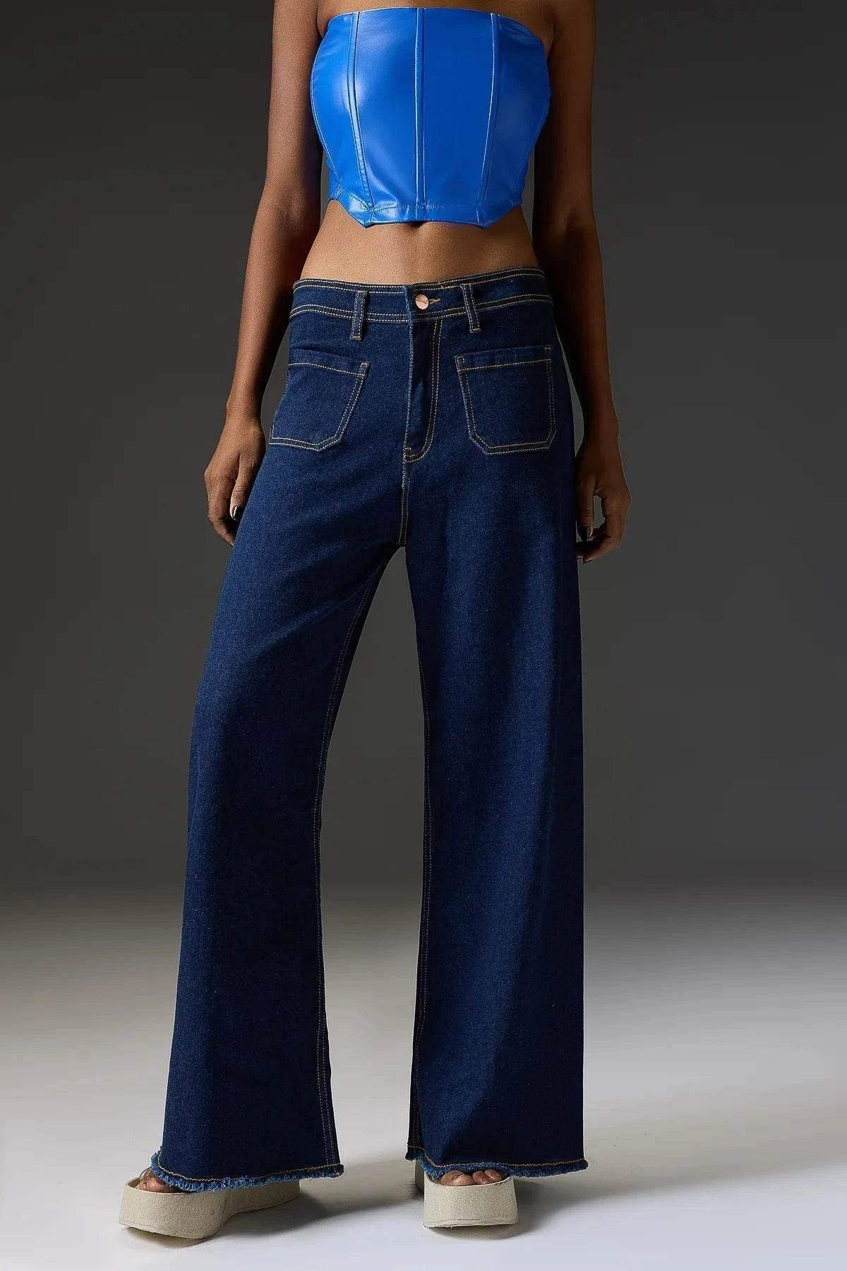 ZARA Dark Blue Utility Pocket Wide-Leg Frayed Hem Jeans. - lessthan1thousand