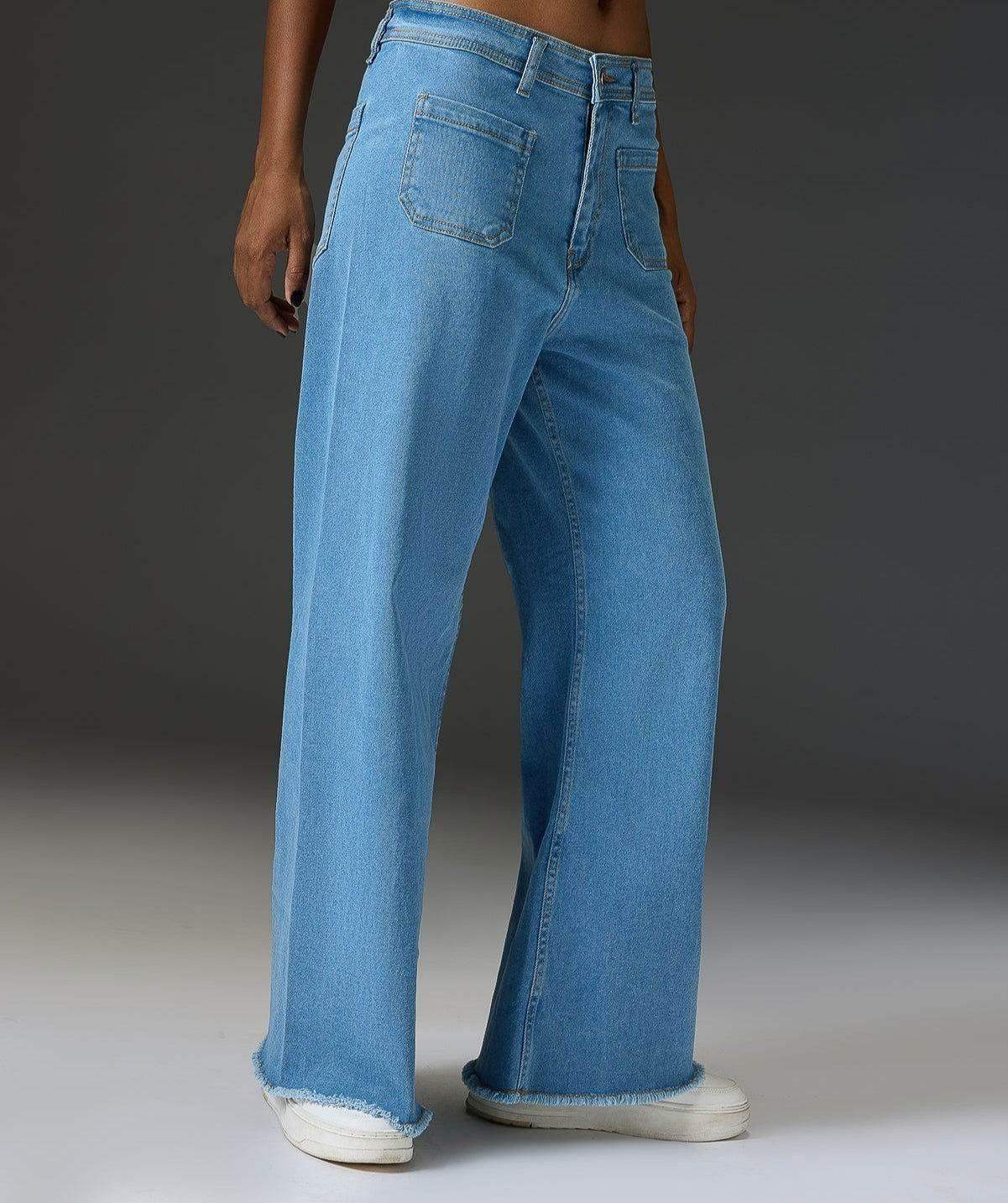 ZARA Light Blue Utility Pocket Wide-Leg Frayed Hem Jeans. - lessthan1thousand