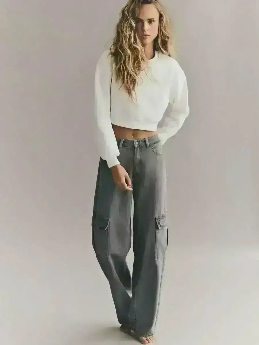 MANGO Dark Grey High-Waisted Cargo Wide-Leg Jeans. - lessthan1thousand