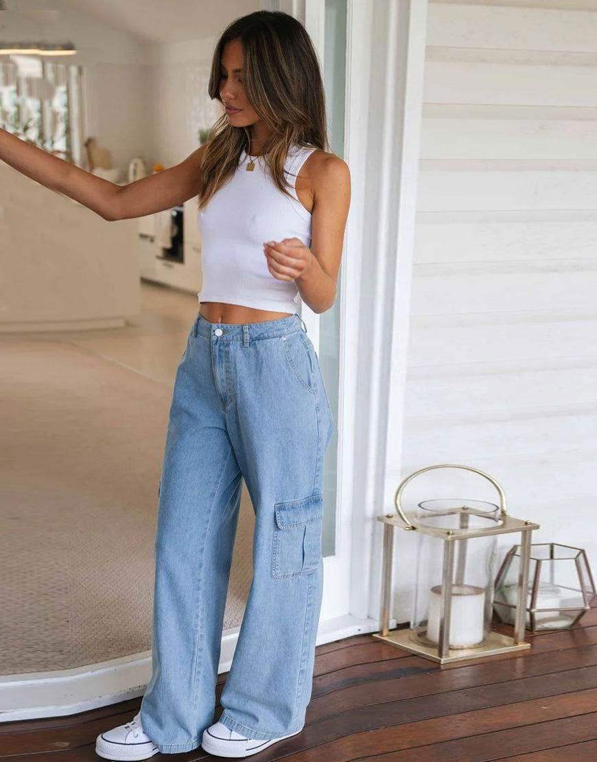 Bershka Light Blue High-Waisted Cargo Wide-Leg Jeans. - lessthan1thousand