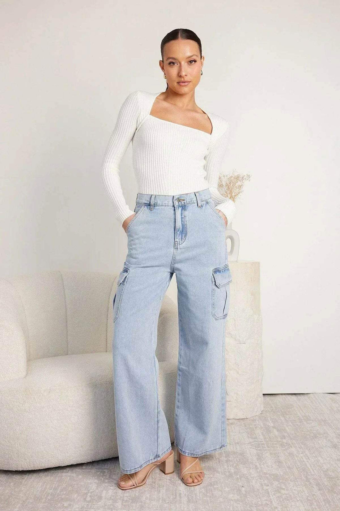 Light Blue High-Waisted Cargo Wide-Leg Jeans (Minor Fault) - lessthan1thousand