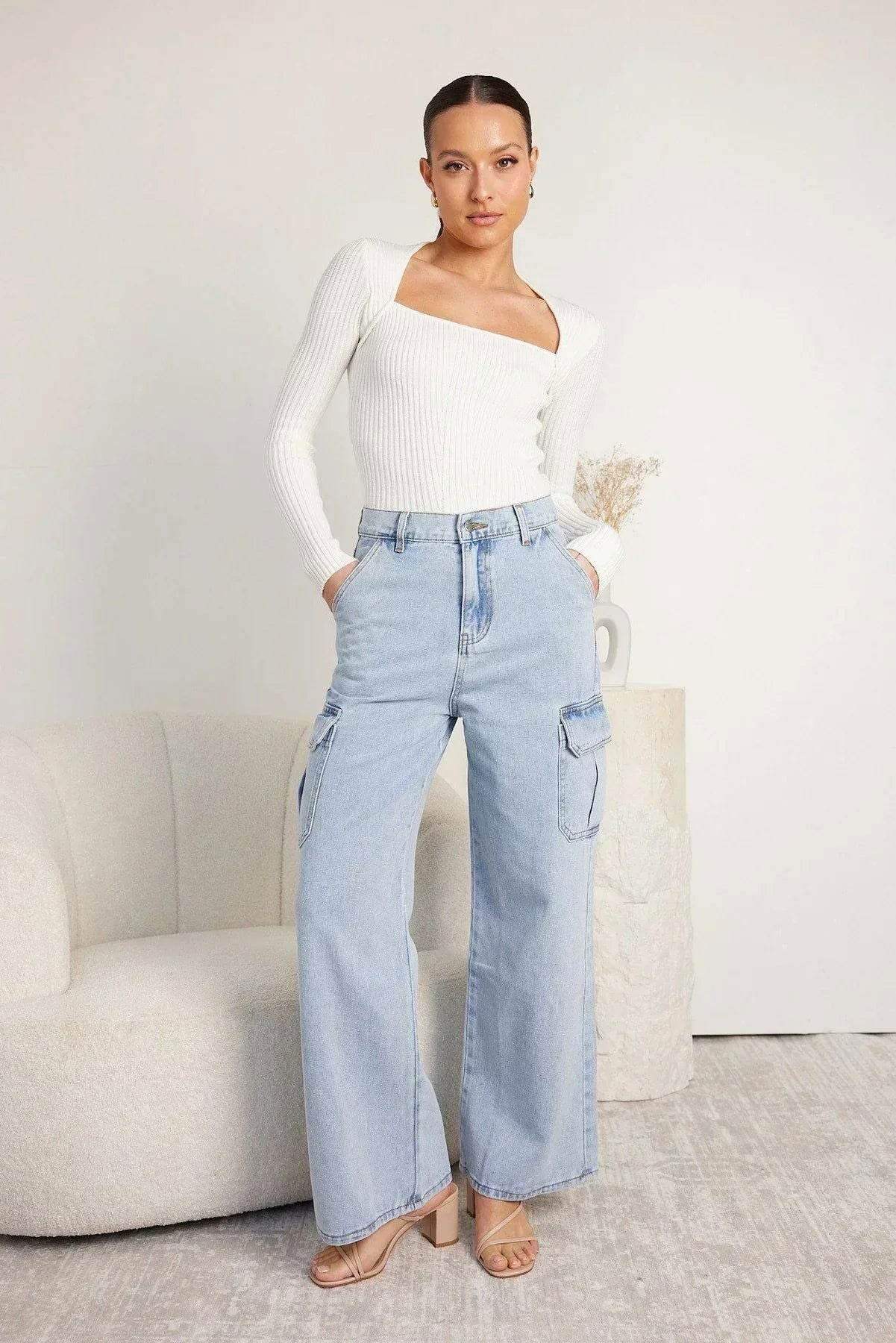 Light Blue High-Waisted Cargo Wide-Leg Jeans (Minor Fault) - lessthan1thousand