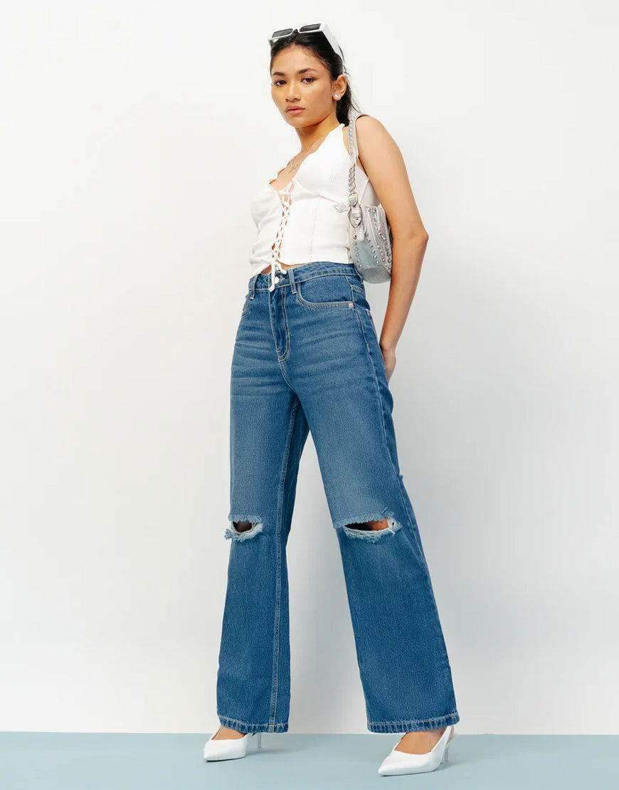 ZARA Dark Blue Knee-Ripped High-Waisted Wide-Leg Jeans. - lessthan1thousand