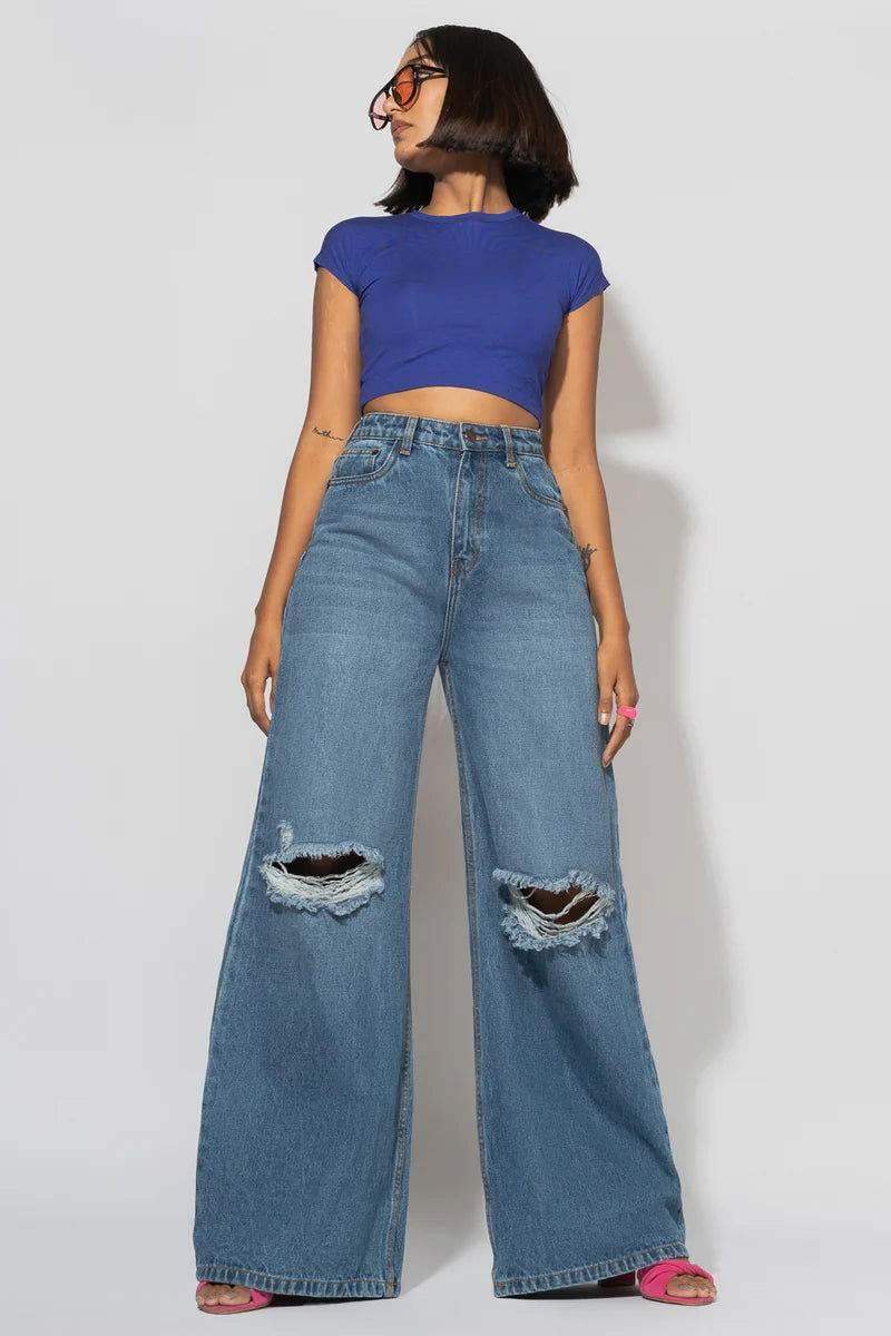 ZARA Dark Blue Knee-Ripped High-Waisted Wide-Leg Jeans. - lessthan1thousand