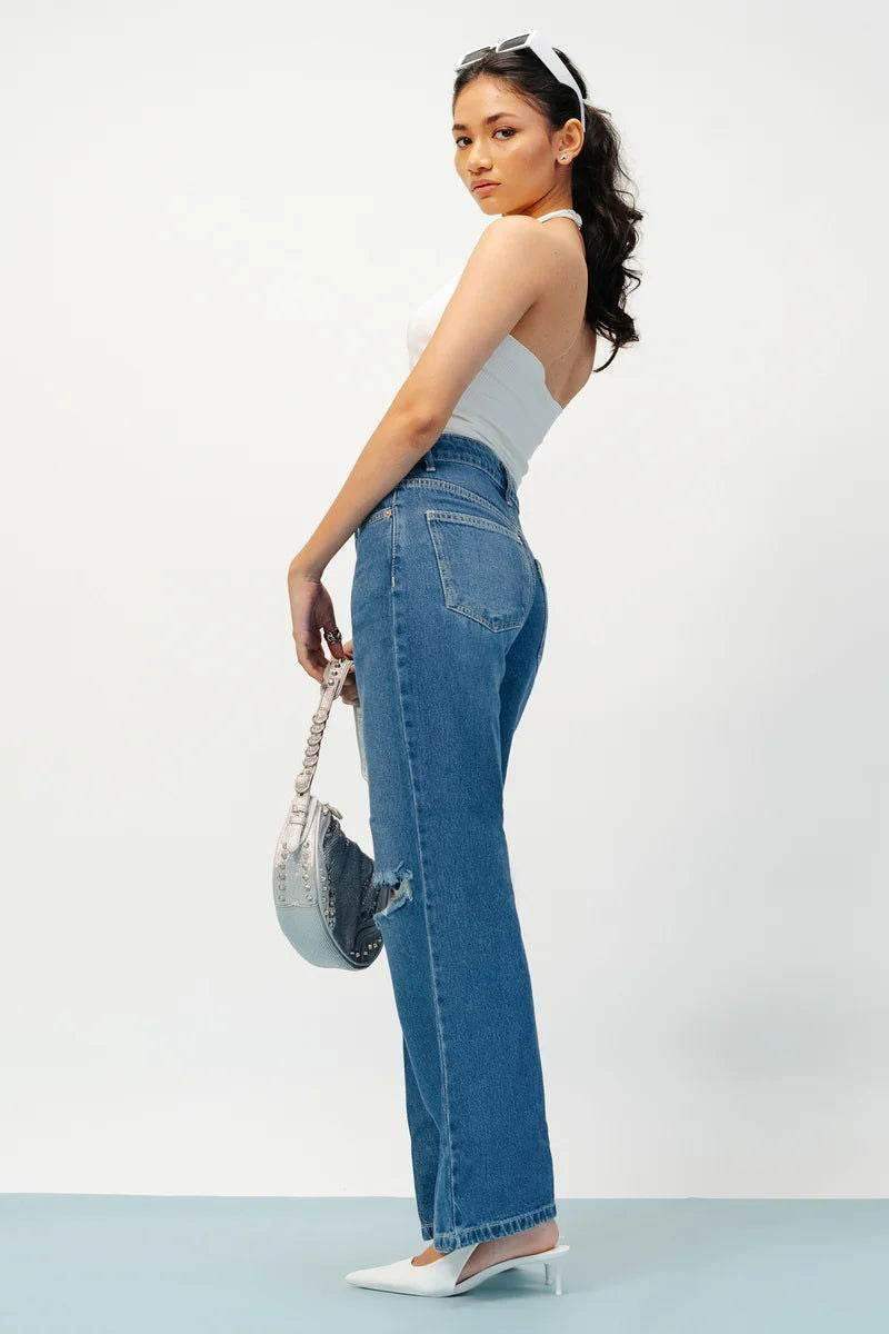 ZARA Dark Blue Knee-Ripped High-Waisted Wide-Leg Jeans. - lessthan1thousand