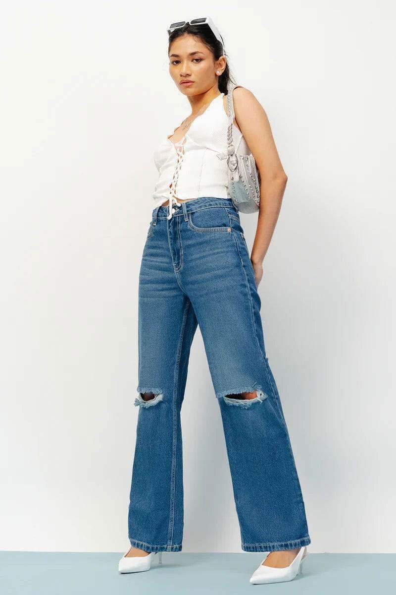 ZARA Dark Blue Knee-Ripped High-Waisted Wide-Leg Jeans. - lessthan1thousand