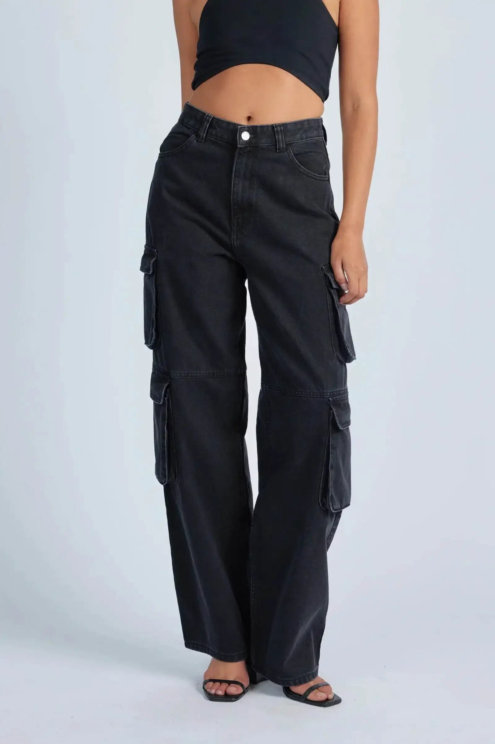Black Double Pocket Cargo With Zipper on Pocket (With Adjustable Loops On Waist) - lessthan1thousand