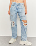 Light Blue High-Waist Ripped Loose Mom Jeans