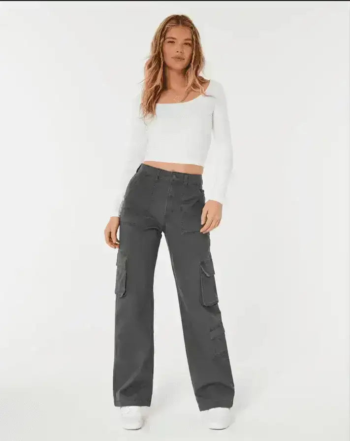 MANGO Dark Grey High-Waisted Cargo Wide-Leg Jeans. - lessthan1thousand