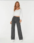 MANGO Dark Grey High-Waisted Cargo Wide-Leg Jeans. - lessthan1thousand