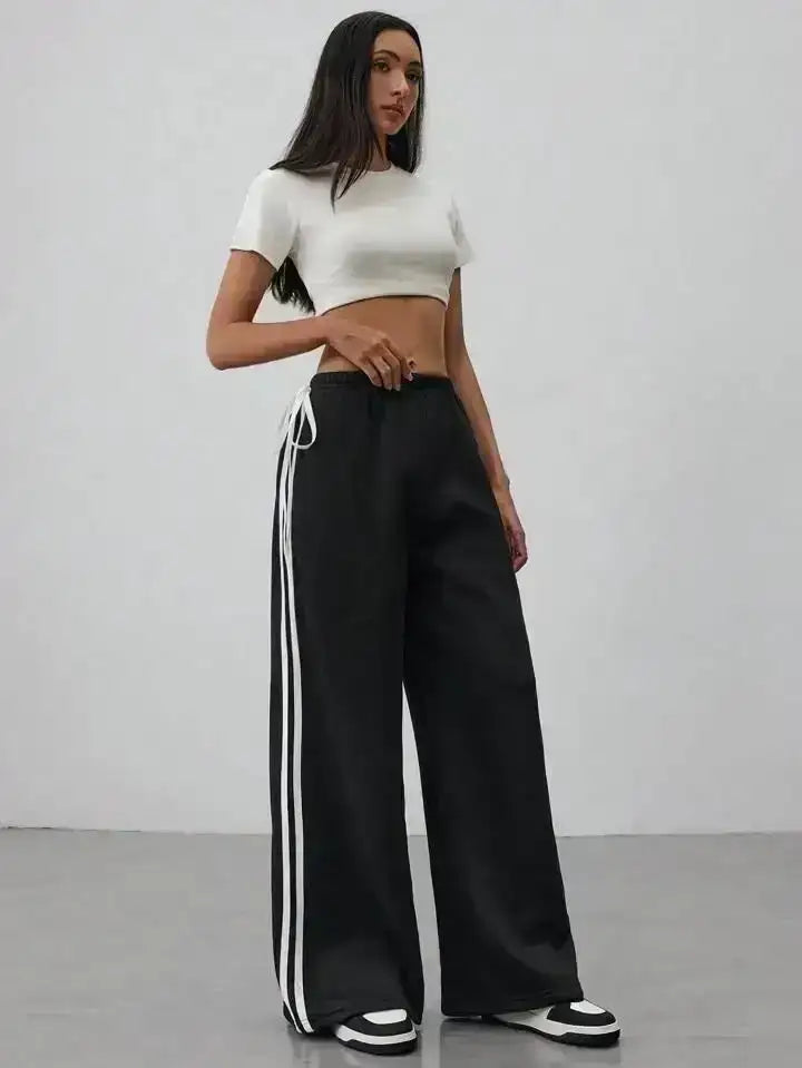 Black Side Stripe Wide-Leg Trouser With Cute Little Bow. - lessthan1thousand