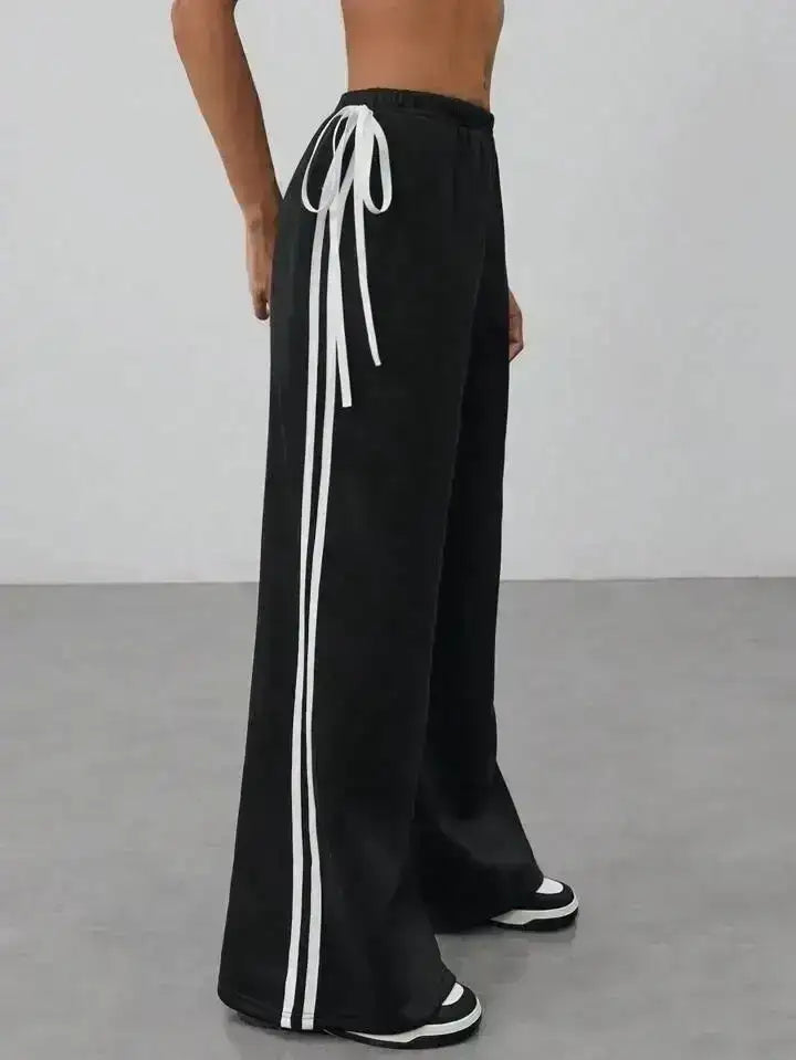 Black Side Stripe Wide-Leg Trouser With Cute Little Bow. - lessthan1thousand