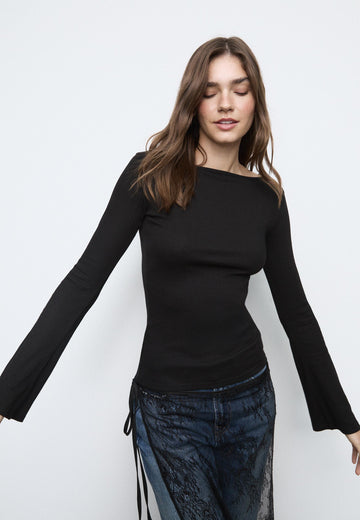 LT1K Black Essential Full-Sleeves Boat-Neck With Bell Sleeve Slim Top.(Perfect For Winter Season).