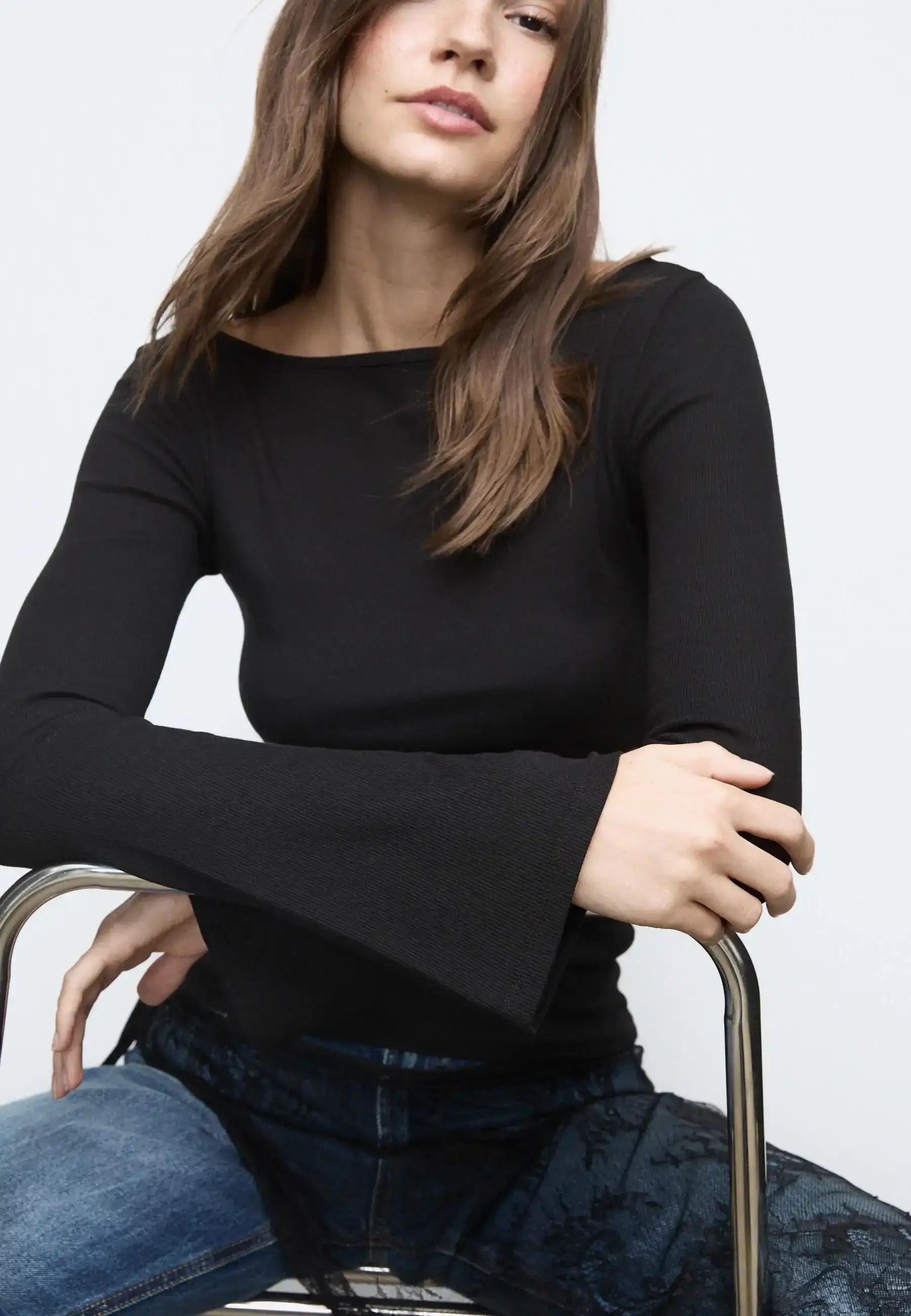 LT1K Essential Full-Sleeves Boat-Neck With Bell Sleeve Slim Top.(Perfect For All Season)