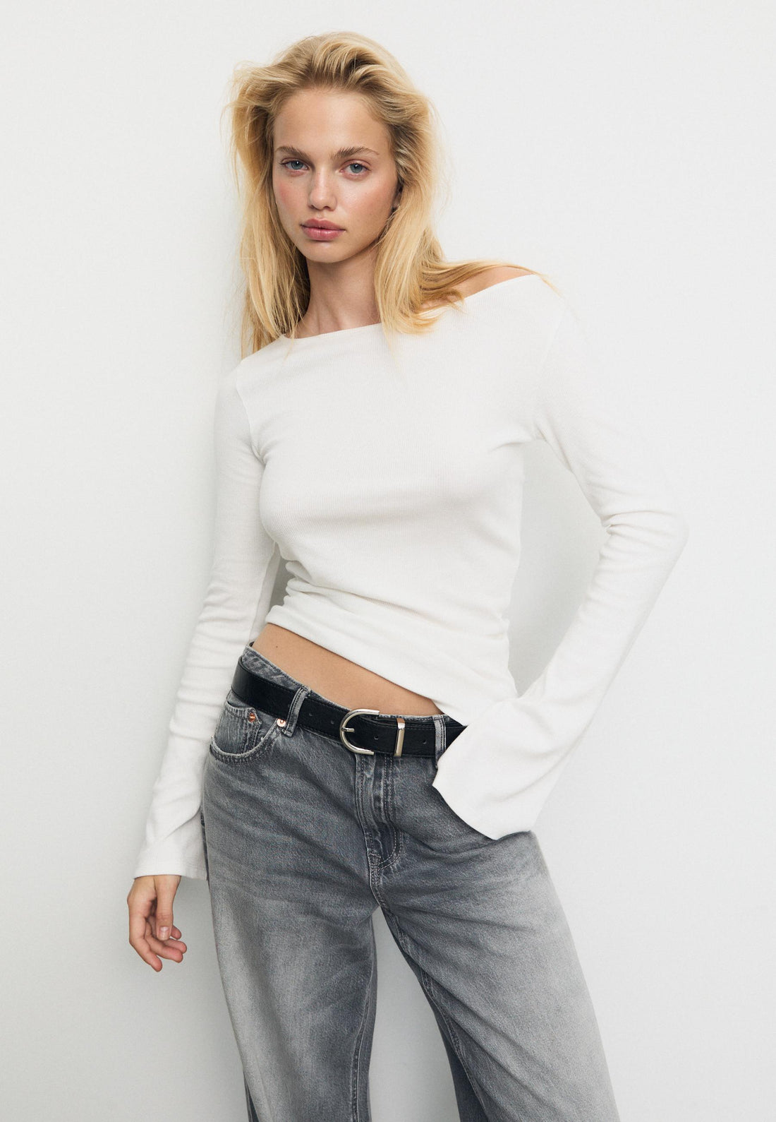 LT1K White Essential Full-Sleeves Boat-Neck With Bell Sleeve Slim Top.(Perfect For Winter Season).