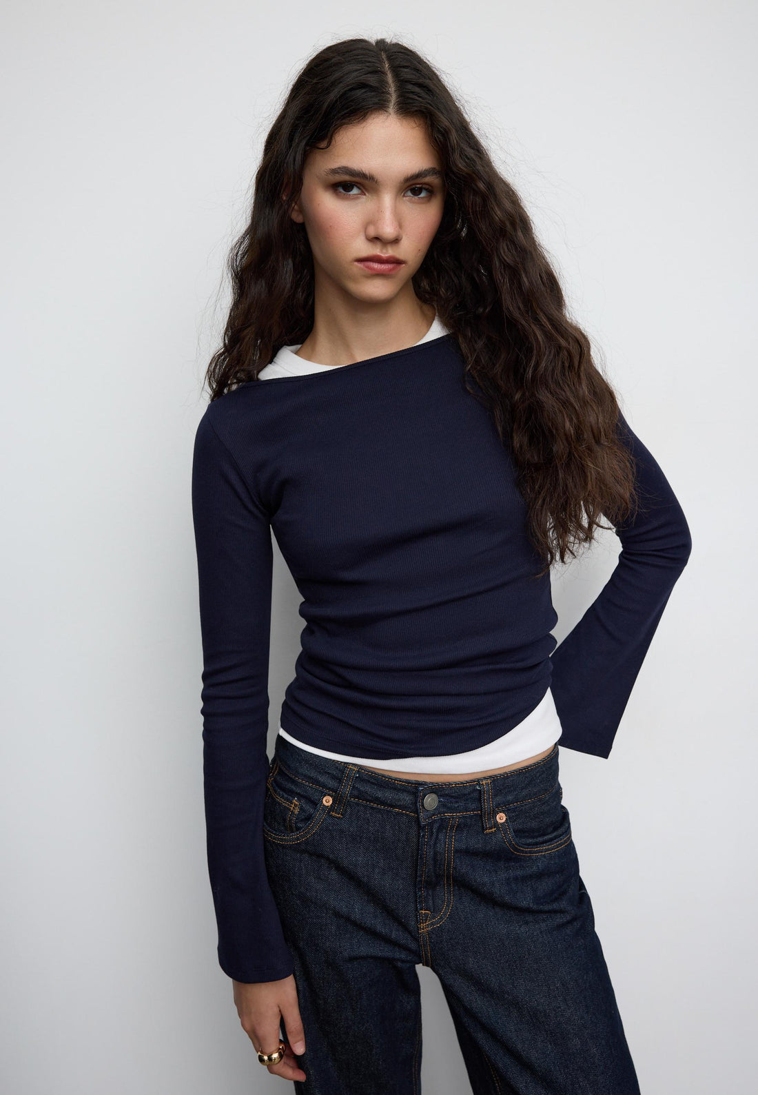 LT1K Navy-Blue Essential Full-Sleeves Boat-Neck With Bell Sleeve Slim Top.(Perfect For Winter Season). (Copy)