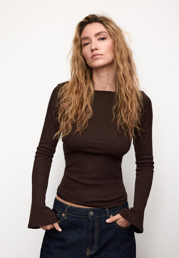 LT1K Brown Essential Full-Sleeves Boat-Neck With Bell Sleeve Slim Top.(Perfect For Winter Season).