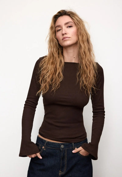 LT1K Brown Essential Full-Sleeves Boat-Neck With Bell Sleeve Slim Top.(Perfect For Winter Season).