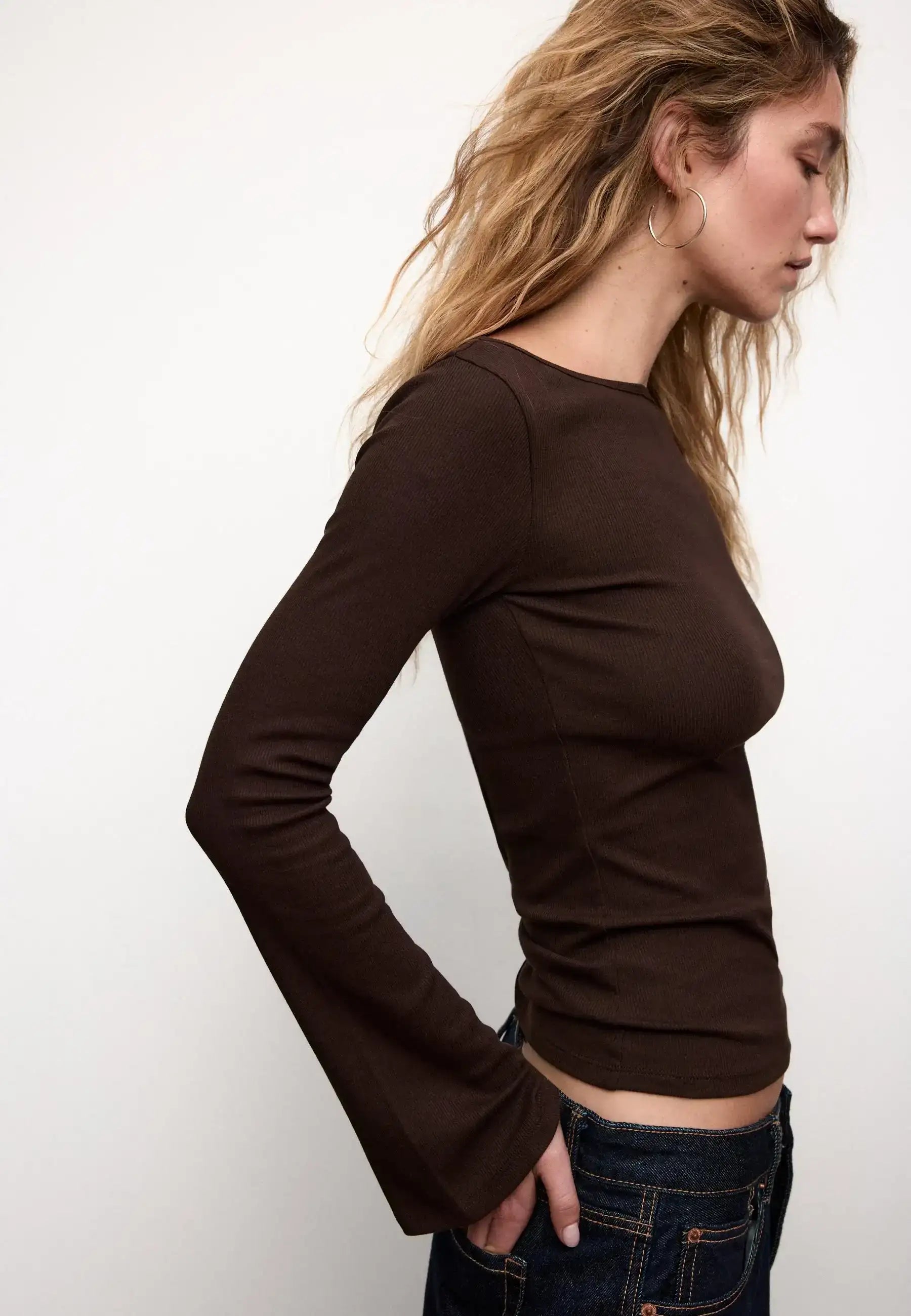LT1K Essential Full-Sleeves Boat-Neck With Bell Sleeve Slim Top.(Perfect For All Season)