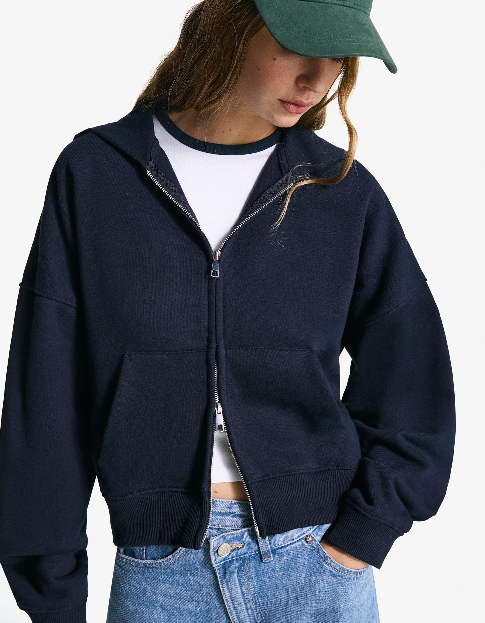 LT1K Navy Blue Zip-Up Oversize Crop hoodie.