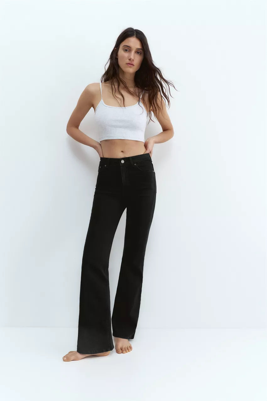 LT1K Pure Black High-Waisted Flare Jeans.