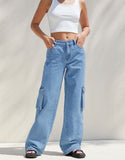 MNG Medium Blue High-Waisted Cargo Wide-Leg Jeans.