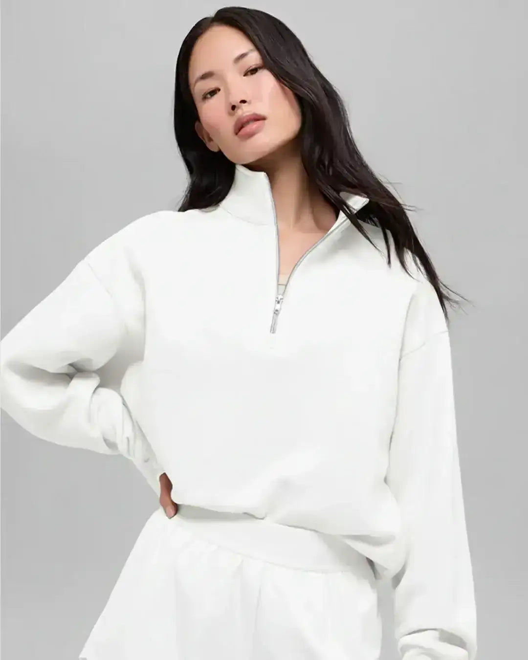 LT1K White Oversize Zip-Mock Sweatshirt.