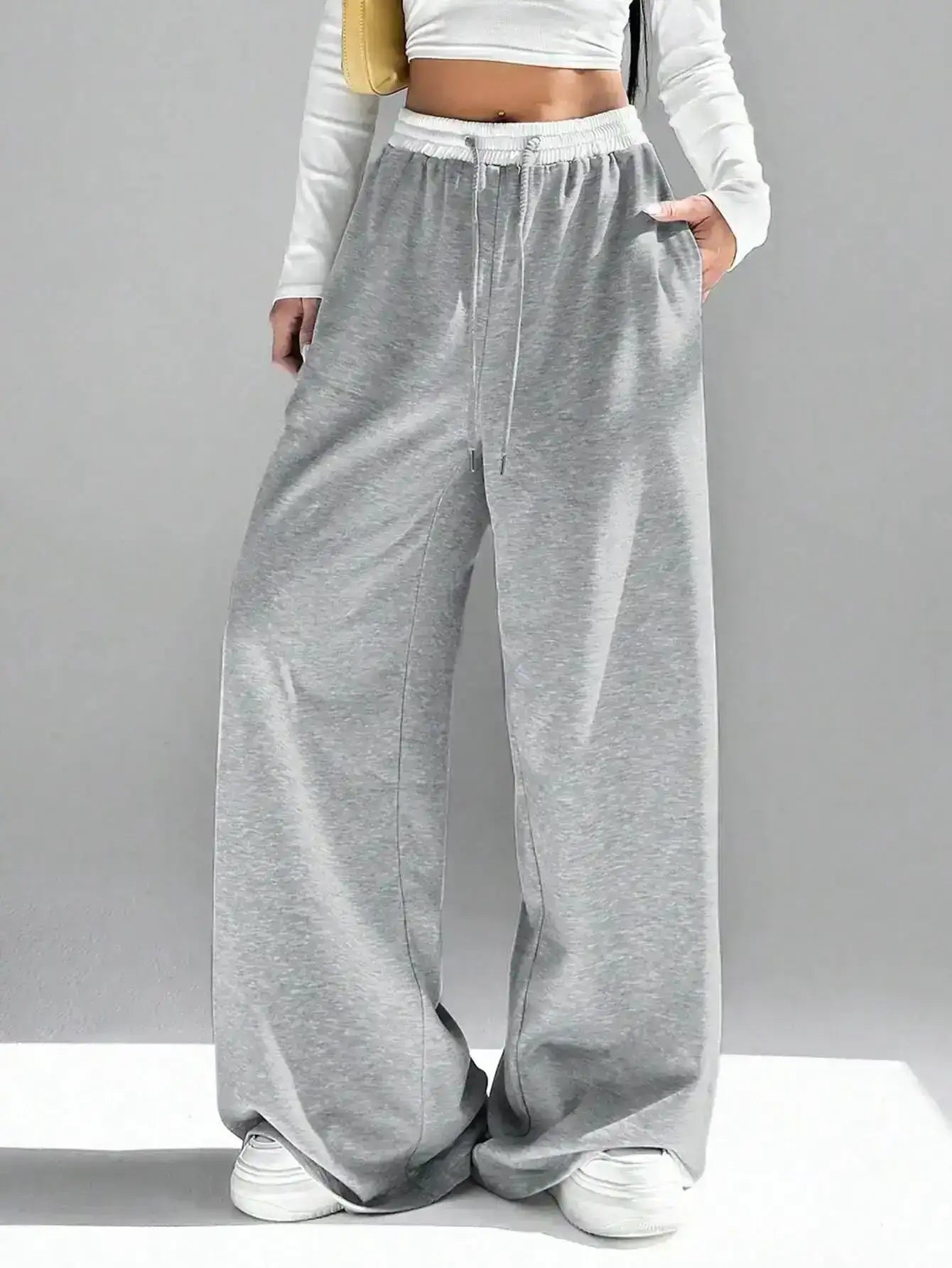 Grey Contrast waist Wide-Leg Trouser. - lessthan1thousand